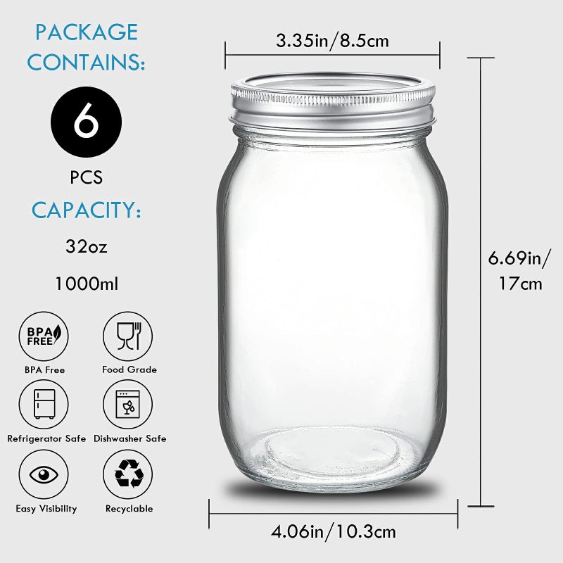 Yeboda 6 Pack Wide Mouth Mason Jars 32Oz Glass Canning Jars With Airtight Lids And Bands For Preserving Jam Honey Jelly Wedding Favors Sauces Meal Prep Overnight Oats Salad Yogurt - Image 3
