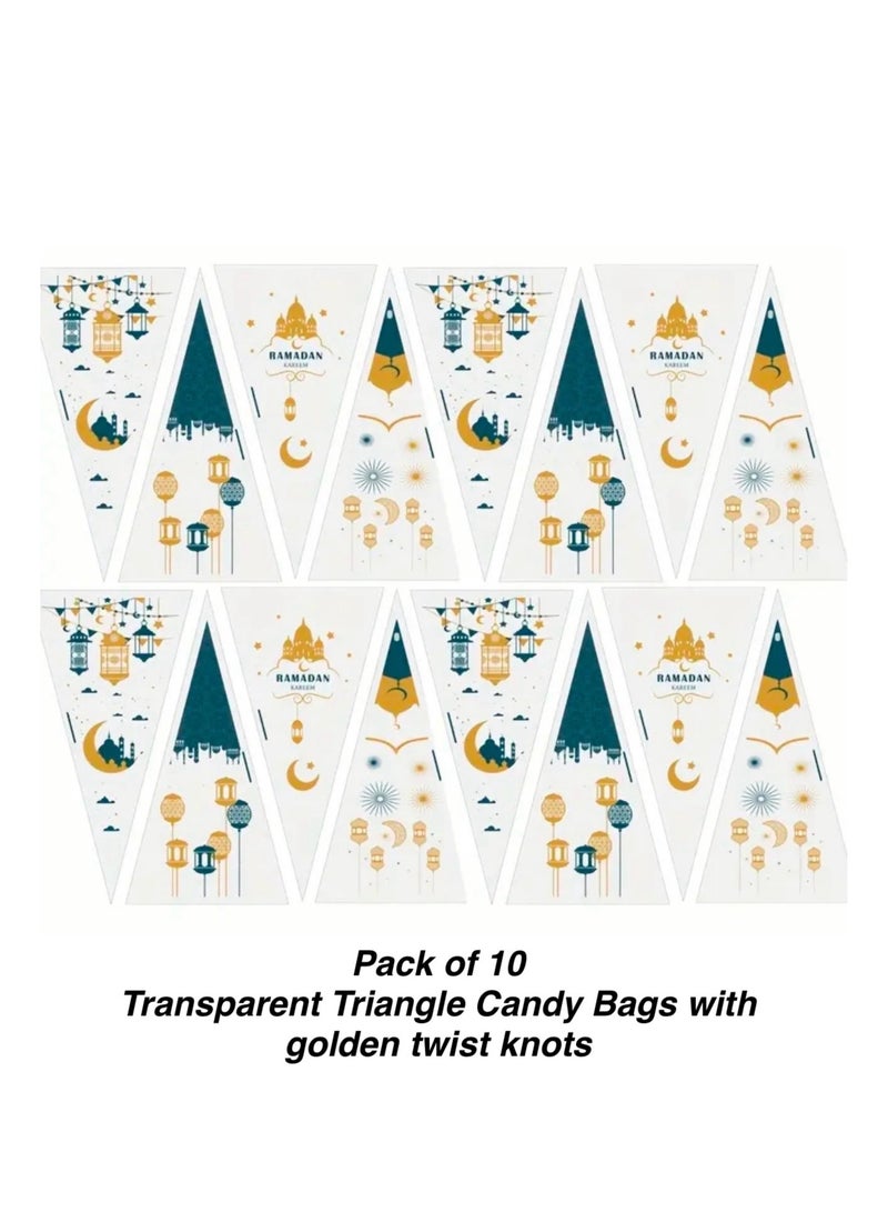 10 قطع من أكياس هدايا الحلوى المثلثة الشفافة من السيلوفان لشهر رمضان الكريم مع عقدة ملتوية ذهبية لحفلات الإفطار وحقيبة الحلوى وهدايا الضيوف والأطفال - Image 4