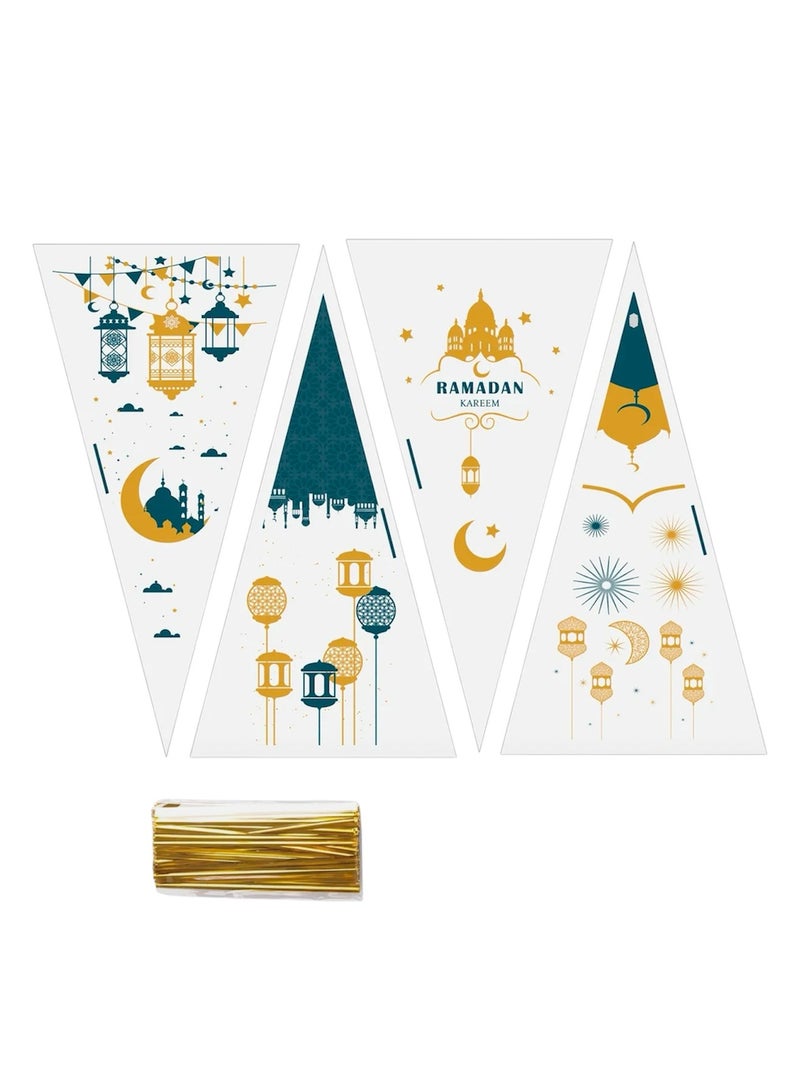 10 قطع من أكياس هدايا الحلوى المثلثة الشفافة من السيلوفان لشهر رمضان الكريم مع عقدة ملتوية ذهبية لحفلات الإفطار وحقيبة الحلوى وهدايا الضيوف والأطفال - Image 1