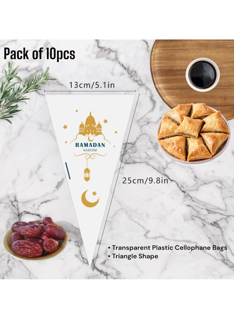 10 قطع من أكياس هدايا الحلوى المثلثة الشفافة من السيلوفان لشهر رمضان الكريم مع عقدة ملتوية ذهبية لحفلات الإفطار وحقيبة الحلوى وهدايا الضيوف والأطفال - Image 3