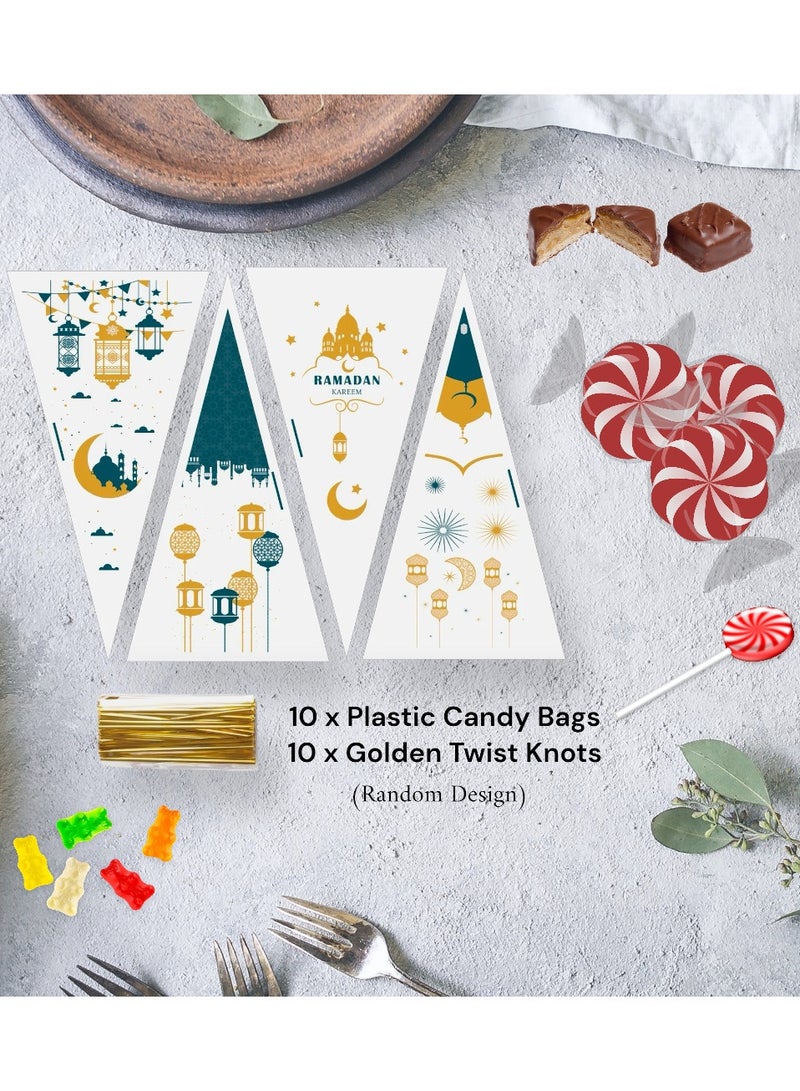10 قطع من أكياس هدايا الحلوى المثلثة الشفافة من السيلوفان لشهر رمضان الكريم مع عقدة ملتوية ذهبية لحفلات الإفطار وحقيبة الحلوى وهدايا الضيوف والأطفال - Image 2