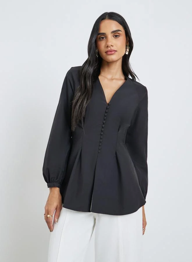 Styli Styli Solid Balloon Sleeve Buttoned Blouse