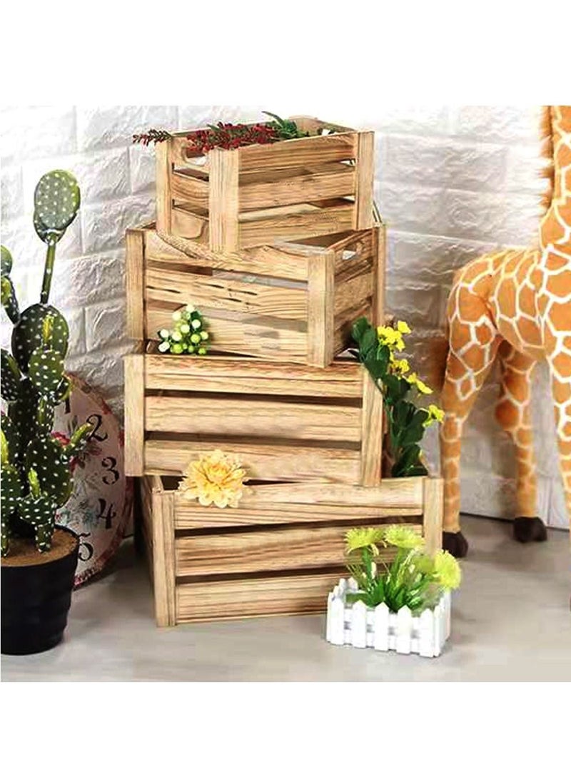 Set of 4 Wooden Storage Box with Handles Decorative Wooden Storage Crates Wood Boxes Rustic Farmhouse Style For Storage and Display Decorative Wooden Crates For Home Beige - Image 3