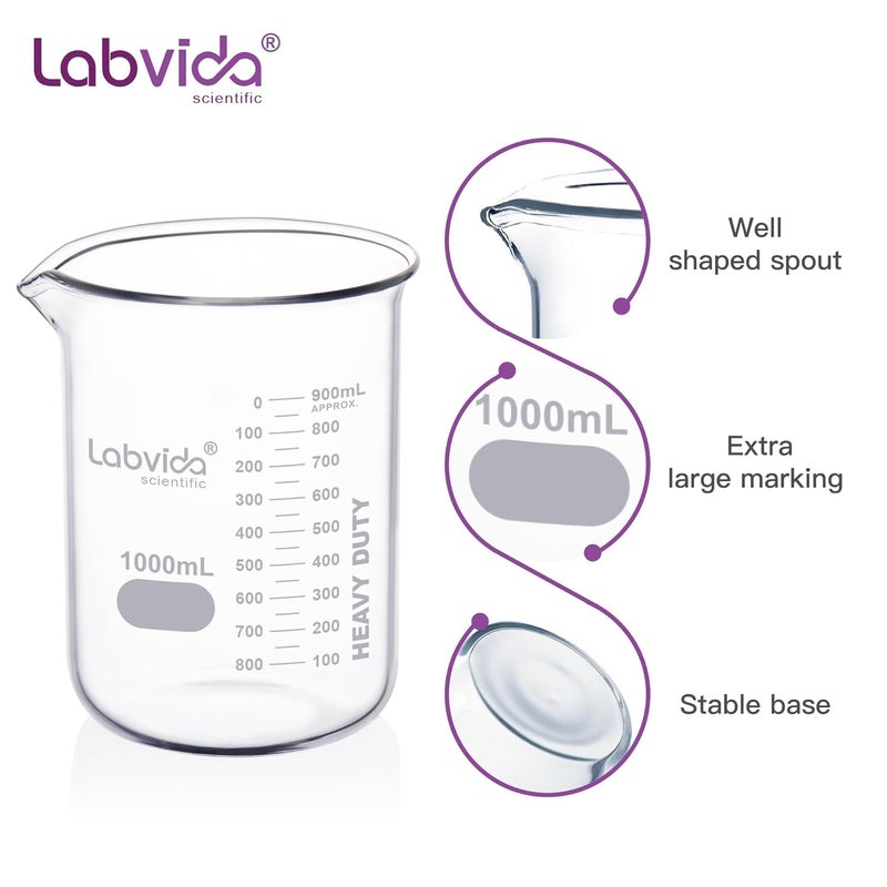 Labvida 2pcs 1000ml Upgrated Thick Glass Beakers, Griffin Low Form Beaker Set with Double Scale, 3.3 Boro, LVA014 - Image 2