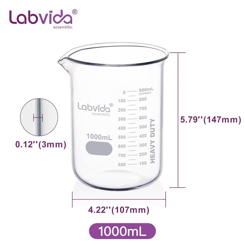 Labvida 2pcs 1000ml Upgrated Thick Glass Beakers, Griffin Low Form Beaker Set with Double Scale, 3.3 Boro, LVA014 - Image 4