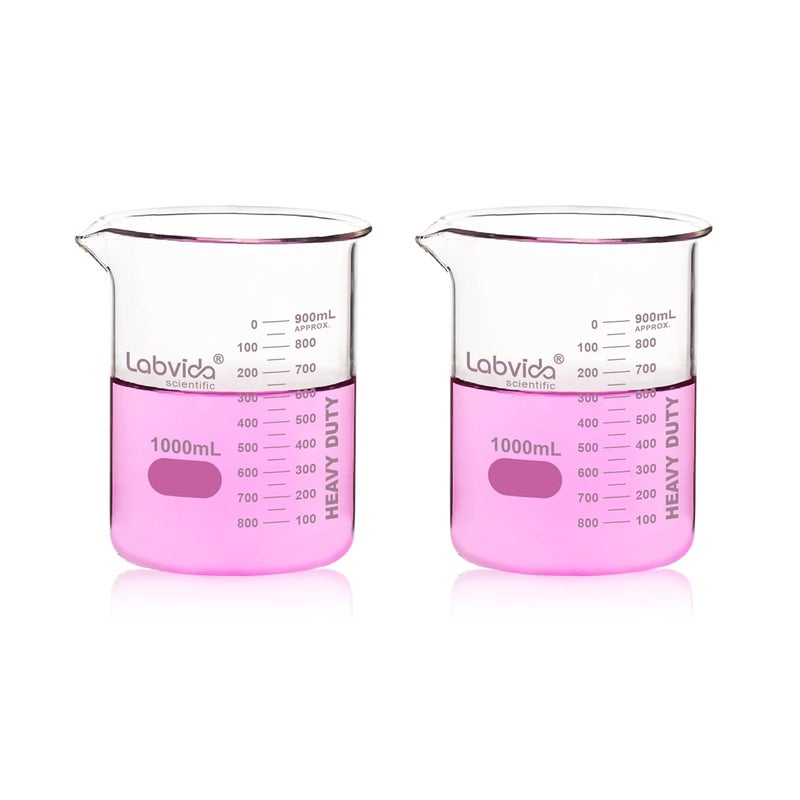 Labvida 2pcs 1000ml Upgrated Thick Glass Beakers, Griffin Low Form Beaker Set with Double Scale, 3.3 Boro, LVA014 - Image 1