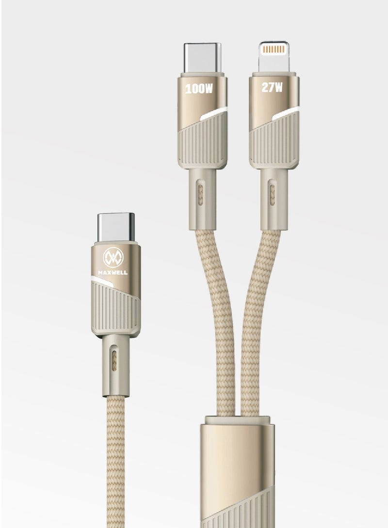 ماكسويل للالكترونيات كابل Maxwell 2 في 1 Twin Jet Series USB-C متوافق مع Lightning (1.2 متر) شحن سريع 100 واط متوافق مع iPhone 16 Pro Max، 15 Pro Max، Samsung S25 Ultra، S25 Plus، iPhone 14 Pro Max، 14 Pro، 14 Plus، 13 Pro Max، 13 Pro، وغيرها (بيج) - Image 1