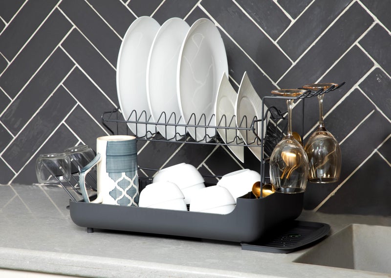 Home-Cloud HomeCloud 2-Tier Dish Rack with Pull-Out Drain Tray – Large Capacity Dish Organizer with Cutlery Holders, Cup & Wine Glass Rack for Efficient Kitchen Countertop Storage | 46x30x16cm | Grey - Image 5