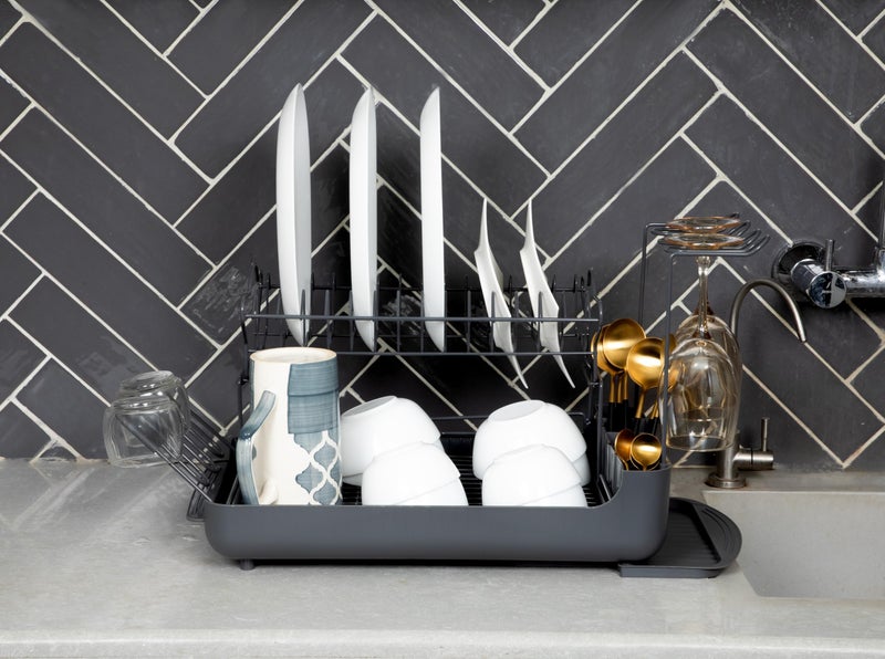 Home-Cloud HomeCloud 2-Tier Dish Rack with Pull-Out Drain Tray – Large Capacity Dish Organizer with Cutlery Holders, Cup & Wine Glass Rack for Efficient Kitchen Countertop Storage | 46x30x16cm | Grey - Image 3