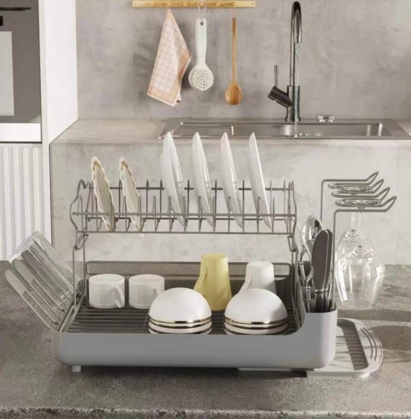 Home-Cloud HomeCloud 2-Tier Dish Rack with Pull-Out Drain Tray – Large Capacity Dish Organizer with Cutlery Holders, Cup & Wine Glass Rack for Efficient Kitchen Countertop Storage | 46x30x16cm | Grey - Image 1