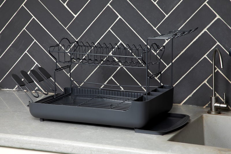 Home-Cloud HomeCloud 2-Tier Dish Rack with Pull-Out Drain Tray – Large Capacity Dish Organizer with Cutlery Holders, Cup & Wine Glass Rack for Efficient Kitchen Countertop Storage | 46x30x16cm | Grey - Image 2