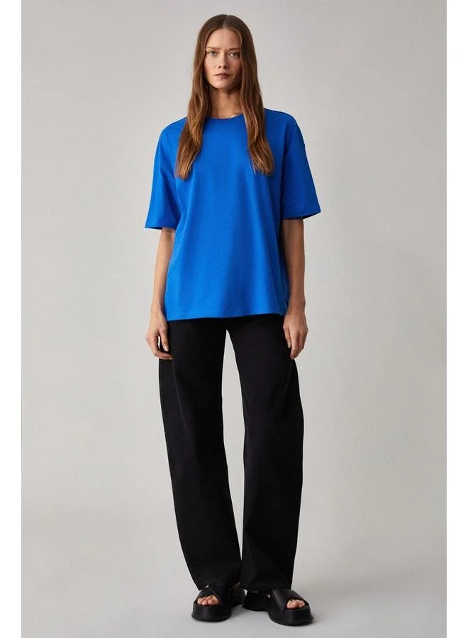 Grimelange LAGERTHA Women's 100% Organic Cotton Thick Textured Oversized Fit Round Collar Blue T-Shirt.