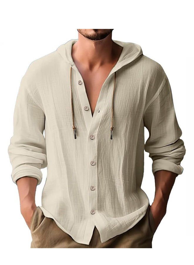 Men's Hooded T-Shirt  Summer Casual Cotton Linen Shirt Long Sleeve Top with Pocket  - Image 1