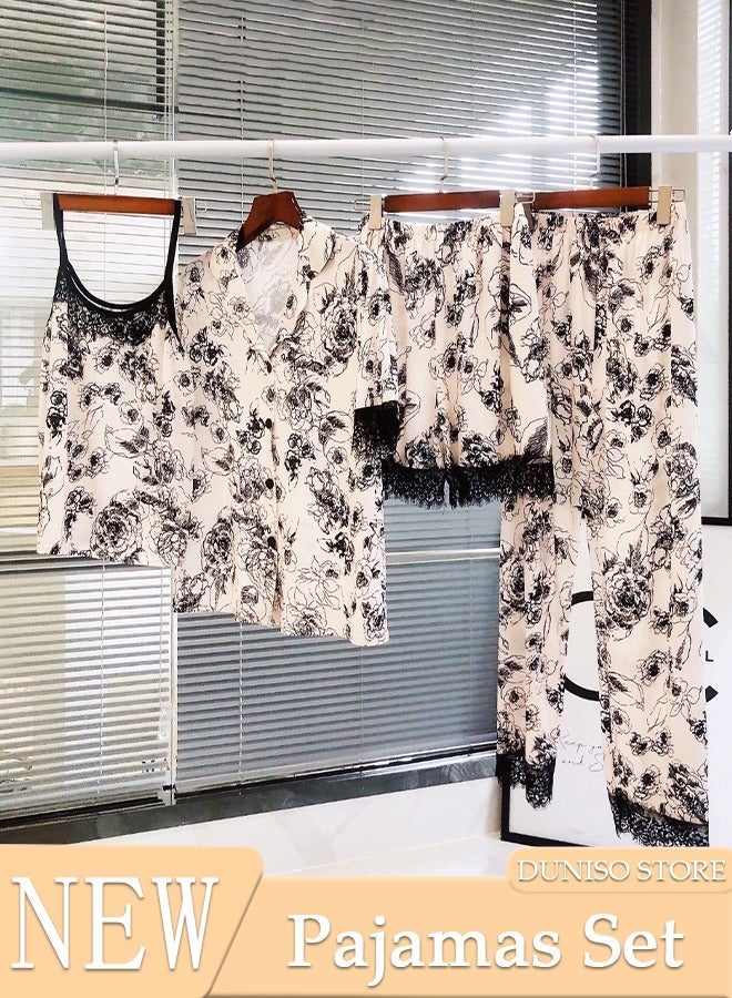 DUNISO Cooling Satin Pajamas for Women 4pcs Pajama Set with Shorts Set and Button Down Long Sleeve Pjs Loungewear Sleepwear Lace Loungewear - Image 1