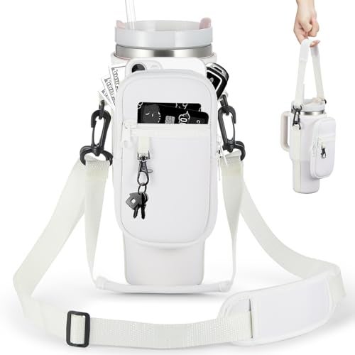 BULKITEM 30oz Water Bottle Carrier Bag with Phone Pocket for Cream Stanley 30 oz Tumbler with Handle, Cream Insulated Neoprene Cup Holder Pouch Strap for Stanley Cup Accessories - Image 1