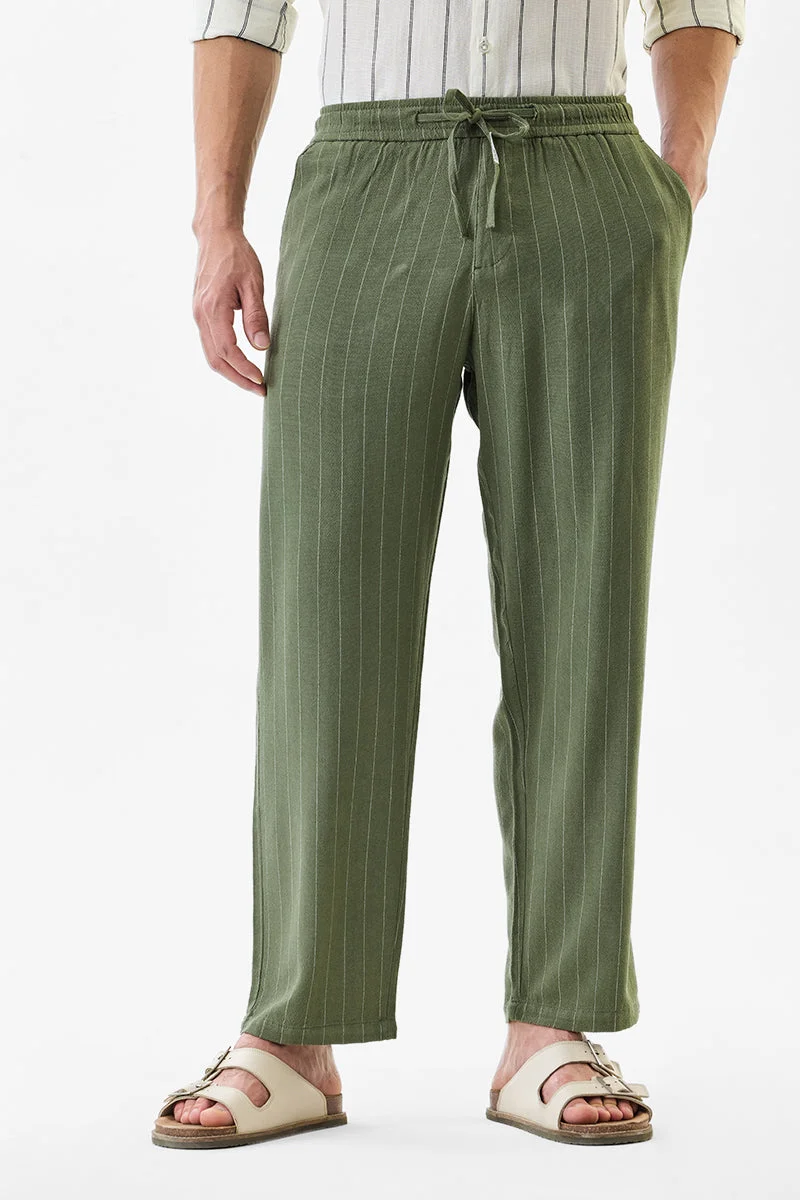 سنيتش Green Striped Regular Fit Casual Trousers