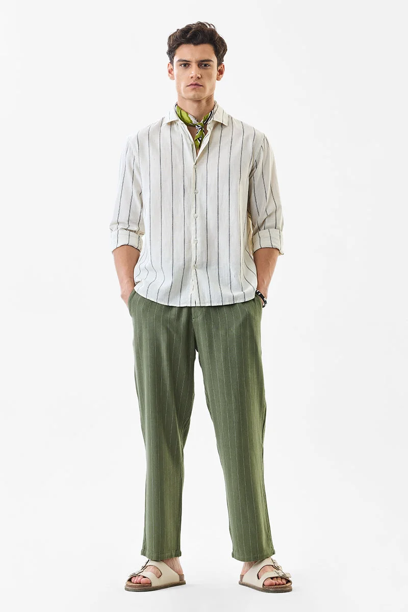 سنيتش Green Striped Regular Fit Casual Trousers