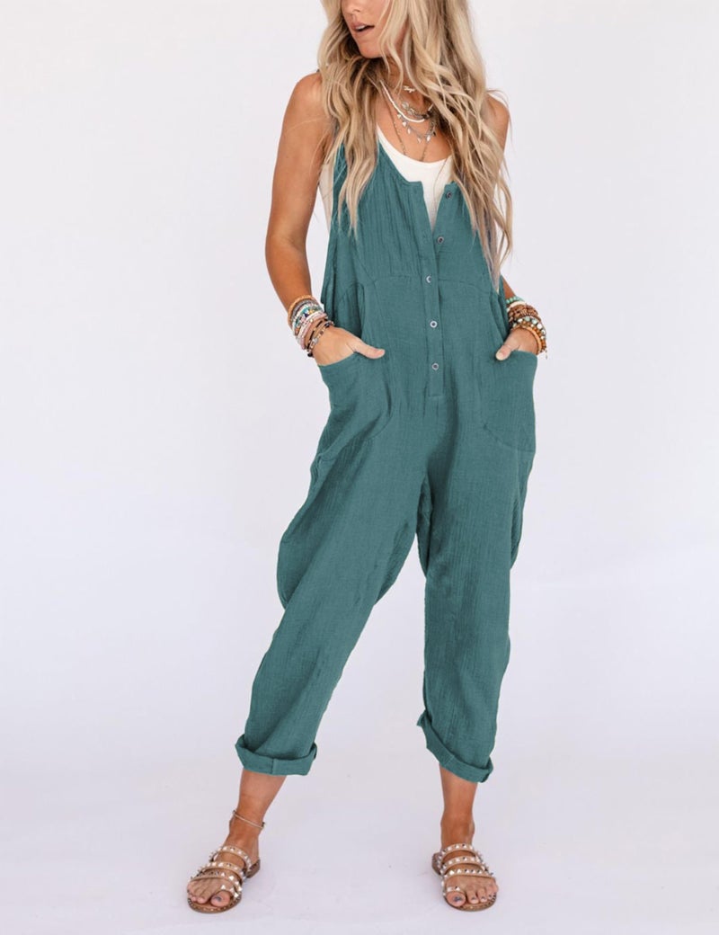 Yeokou Womens Overalls Linen Cotton Jumpsuits Loose Casual Jumpers with Pockets(LakeBlue-L) - Image 3