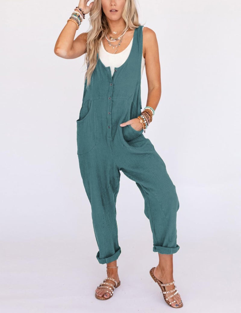 Yeokou Womens Overalls Linen Cotton Jumpsuits Loose Casual Jumpers with Pockets(LakeBlue-L) - Image 2