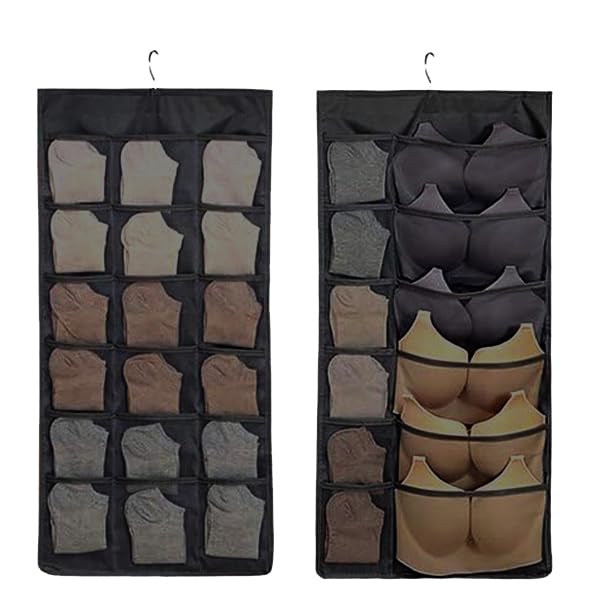 KHANAK 30 Pockets Double Sided Clear Hanging Bag Underwear Bra Socks Hanger Storage Organizer Wall Hanging Closet Shelves Storage Pockets Black Pack 1 - Image 1