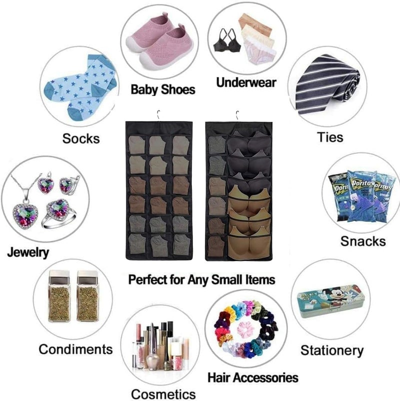 KHANAK 30 Pockets Double Sided Clear Hanging Bag Underwear Bra Socks Hanger Storage Organizer Wall Hanging Closet Shelves Storage Pockets Black Pack 1 - Image 4