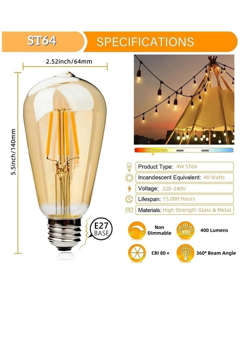 ESNCO 33FT Outdoor String Lights, Electric Plug-In Festoon Lights 10 Meter 20 LED Bulbs, Outdoor Waterproof Decorative Hanging Light String for Patio Garden Porch Yard (10M with ST64 Amber)  - Image 4