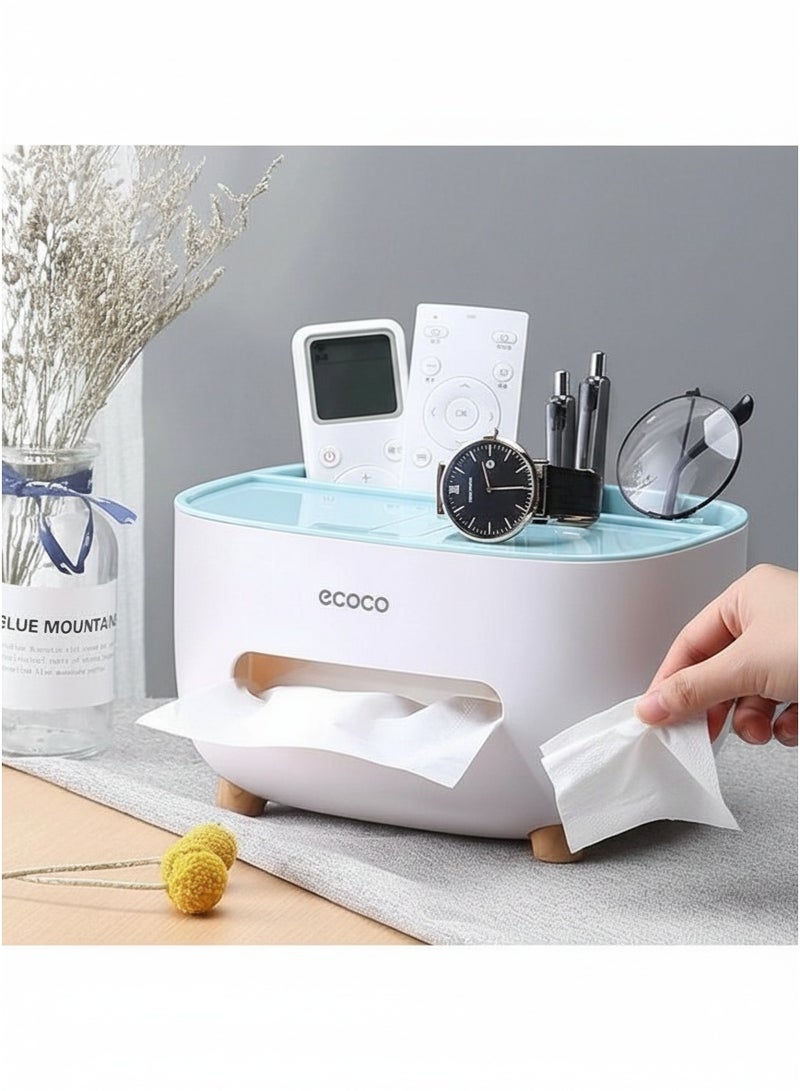 إيكوكو حامل مناديل، غطاء علبة مناديل مع مساحة تخزين، صندوق تخزين سطح المكتب، موزع حامل مناديل مناسب للطاولة الليلية، خزانة الملابس، المطبخ، سطح الطاولة، الحمام، طاولة المكتب - ابيض/أزرق - Image 4