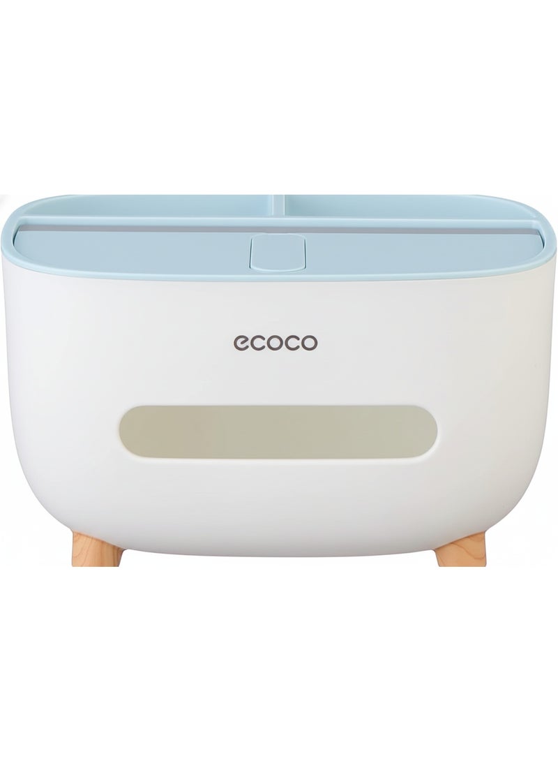 إيكوكو حامل مناديل، غطاء علبة مناديل مع مساحة تخزين، صندوق تخزين سطح المكتب، موزع حامل مناديل مناسب للطاولة الليلية، خزانة الملابس، المطبخ، سطح الطاولة، الحمام، طاولة المكتب - ابيض/أزرق - Image 5