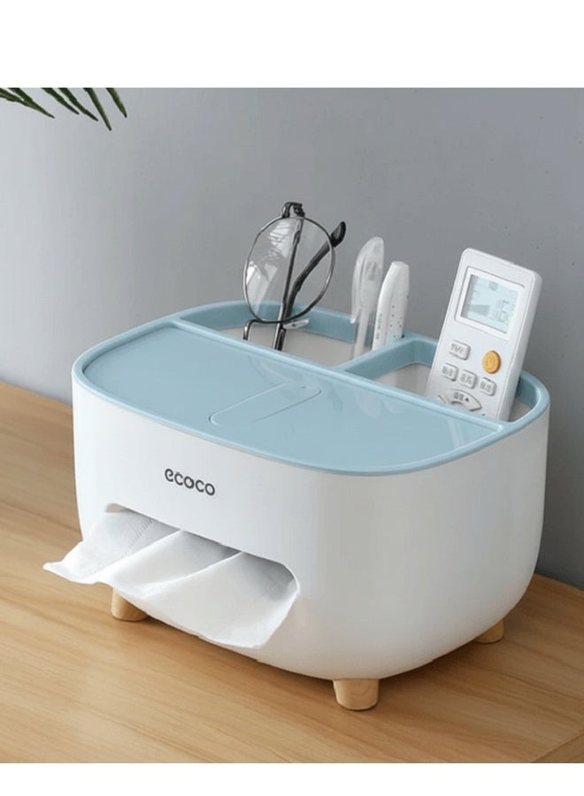 إيكوكو حامل مناديل، غطاء علبة مناديل مع مساحة تخزين، صندوق تخزين سطح المكتب، موزع حامل مناديل مناسب للطاولة الليلية، خزانة الملابس، المطبخ، سطح الطاولة، الحمام، طاولة المكتب - ابيض/أزرق - Image 1