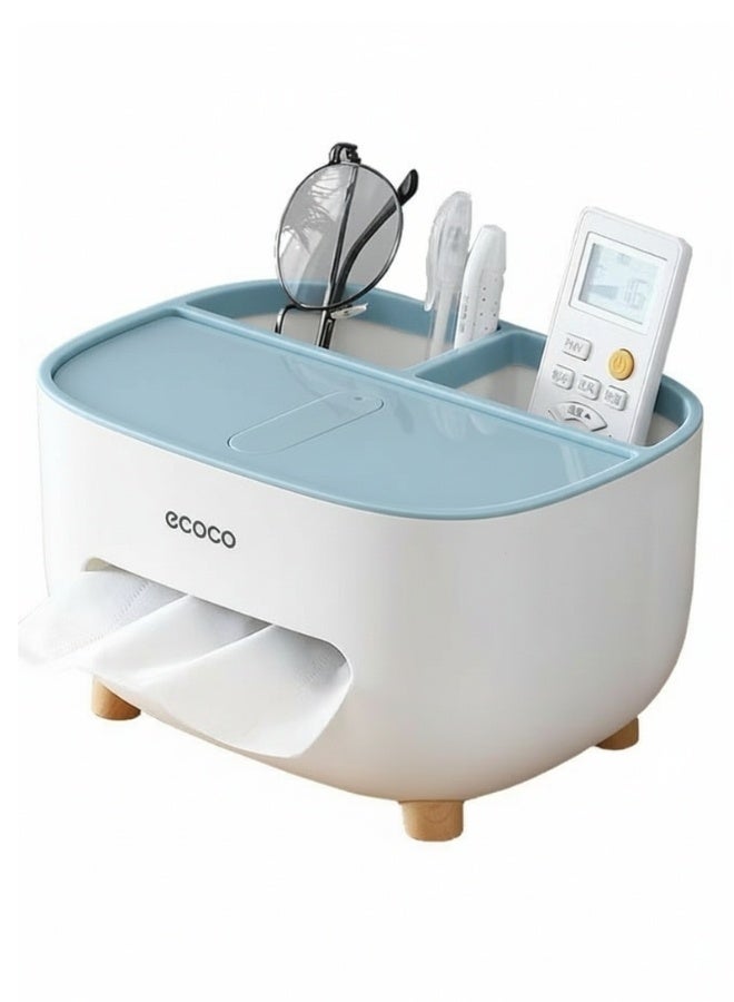 إيكوكو حامل مناديل، غطاء علبة مناديل مع مساحة تخزين، صندوق تخزين سطح المكتب، موزع حامل مناديل مناسب للطاولة الليلية، خزانة الملابس، المطبخ، سطح الطاولة، الحمام، طاولة المكتب - ابيض/أزرق - Image 2