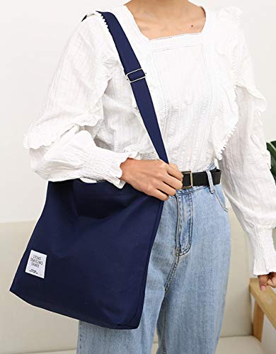 Covelin Women's Retro Large Size Canvas Shoulder Bag Hobo Crossbody Handbag Casual Tote Navy Blue - Image 2
