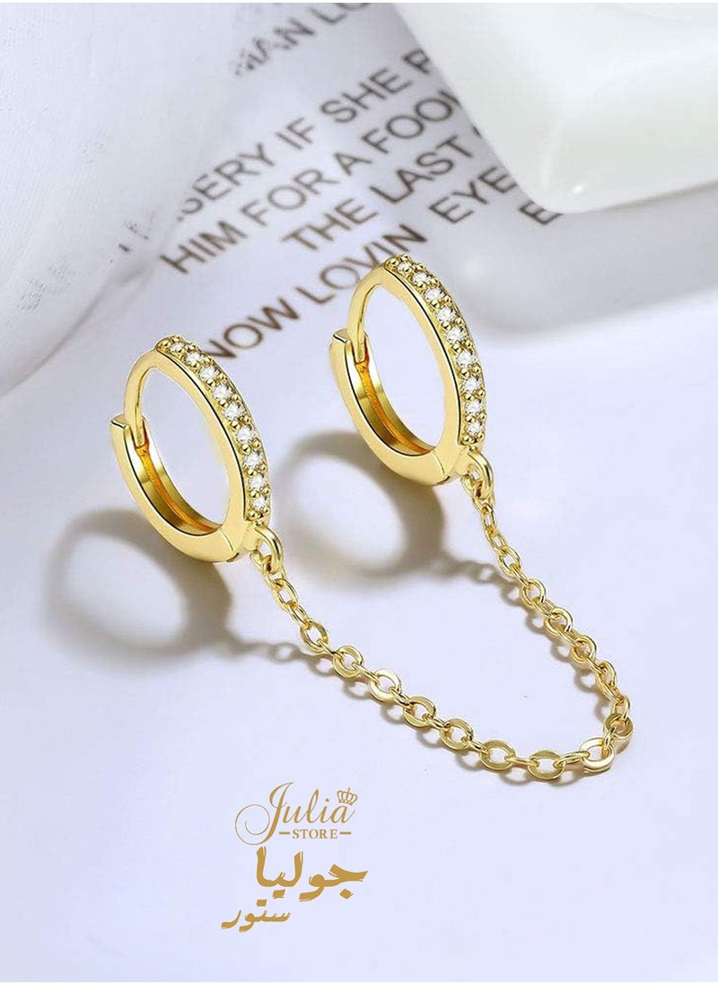 Julia Store - 18K Gold Plated Cubic Zirconia Huggie Earrings Dainty 1 Piece Hoop Earrings Chain for Women Teen Girls Double Piercing Earrings Two Holes By Julia Store - Image 1