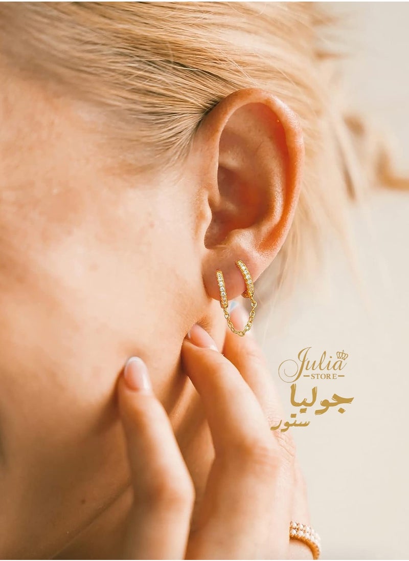 Julia Store - 18K Gold Plated Cubic Zirconia Huggie Earrings Dainty 1 Piece Hoop Earrings Chain for Women Teen Girls Double Piercing Earrings Two Holes By Julia Store - Image 1