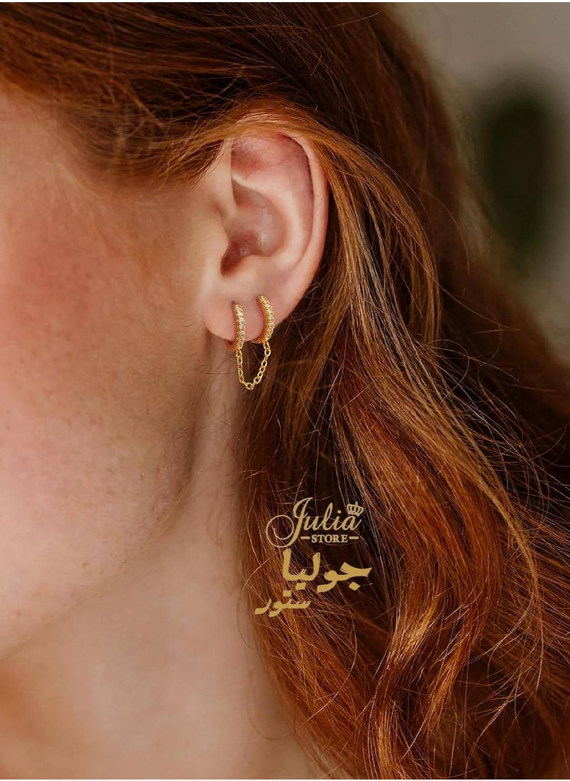 Julia Store - 18K Gold Plated Cubic Zirconia Huggie Earrings Dainty 1 Piece Hoop Earrings Chain for Women Teen Girls Double Piercing Earrings Two Holes By Julia Store - Image 1