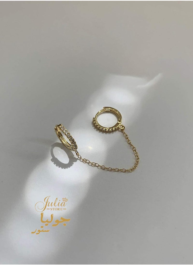 Julia Store - 18K Gold Plated Cubic Zirconia Huggie Earrings Dainty 1 Piece Hoop Earrings Chain for Women Teen Girls Double Piercing Earrings Two Holes By Julia Store - Image 1