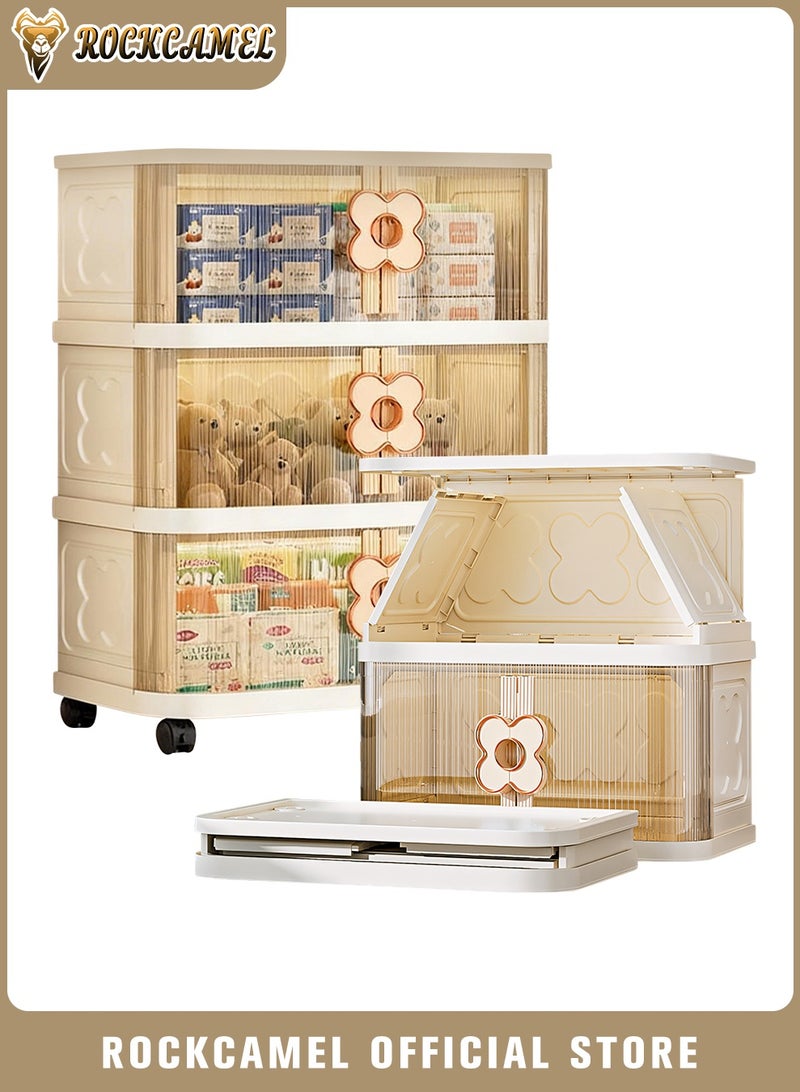 ROCKCAMEL خزانة تخزين متعددة الوظائف قابلة للطي، ذات صناديق بلاستيكية ثلاثية القابلية للتراص، مجهزة بعجلات متعددة الاتجاهات وأبواب شفافة، تُستخدم لتخزين الألعاب أو كخزانة للوجبات الخفيفة أو رف كتب، مناسبة للمكتب المنزلي (60*36*90 سم). - Image 1