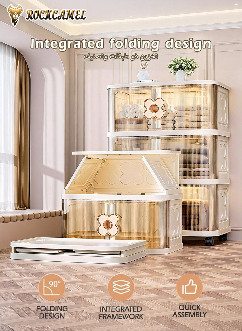 ROCKCAMEL خزانة تخزين متعددة الوظائف قابلة للطي، ذات صناديق بلاستيكية ثلاثية القابلية للتراص، مجهزة بعجلات متعددة الاتجاهات وأبواب شفافة، تُستخدم لتخزين الألعاب أو كخزانة للوجبات الخفيفة أو رف كتب، مناسبة للمكتب المنزلي (60*36*90 سم). - Image 5