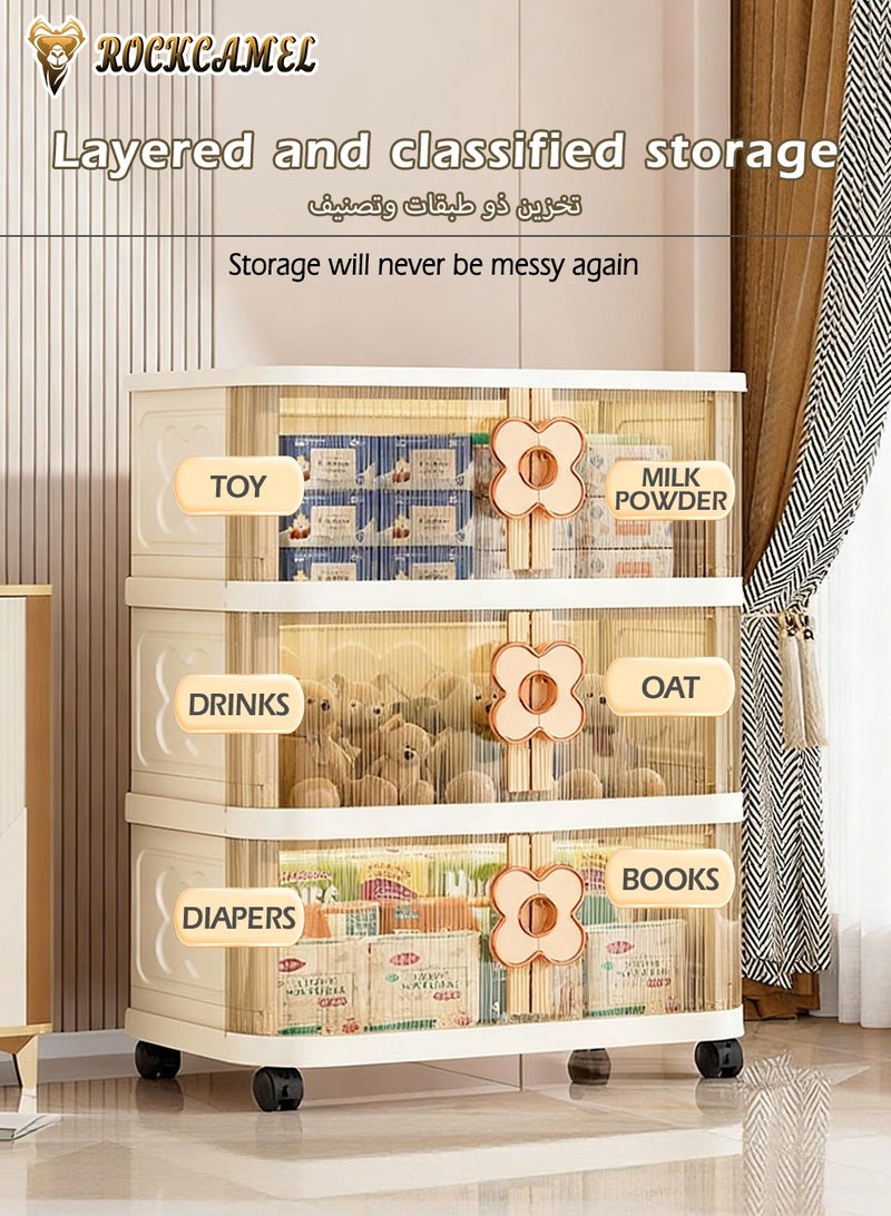 ROCKCAMEL خزانة تخزين متعددة الوظائف قابلة للطي، ذات صناديق بلاستيكية ثلاثية القابلية للتراص، مجهزة بعجلات متعددة الاتجاهات وأبواب شفافة، تُستخدم لتخزين الألعاب أو كخزانة للوجبات الخفيفة أو رف كتب، مناسبة للمكتب المنزلي (60*36*90 سم). - Image 4