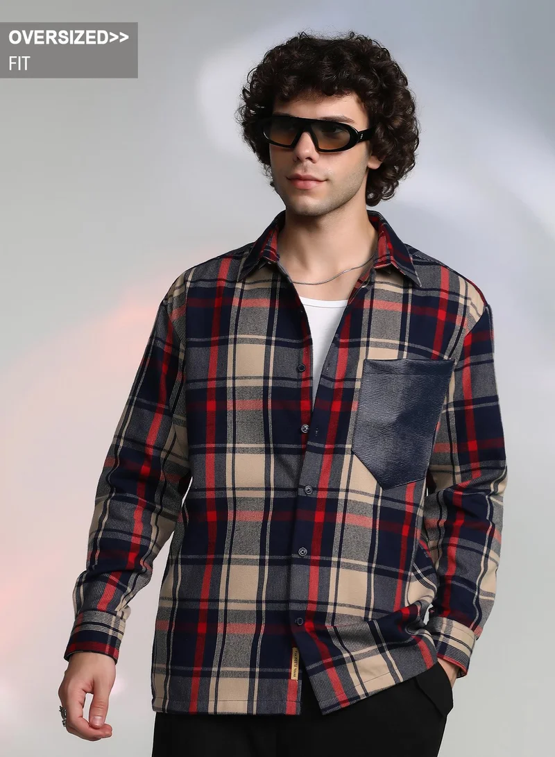 Campus Sutra Campus Sutra Men's Blue & Beige Plaid-Block Oversized Shirt For Casual Wear | Spread Collar | Long Cuffed Sleeves | Button Closure | Oversized Shirt Crafted With Comfort Fit For Everyday Wear