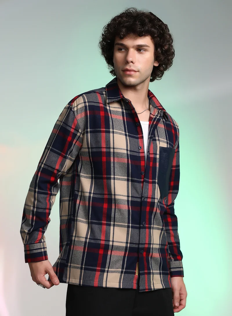 Campus Sutra Campus Sutra Men's Blue & Beige Plaid-Block Oversized Shirt For Casual Wear | Spread Collar | Long Cuffed Sleeves | Button Closure | Oversized Shirt Crafted With Comfort Fit For Everyday Wear