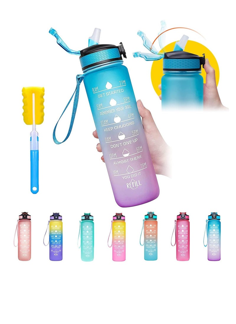 TYCOM Water Bottles 1L with Times to Drink and Straw, Motivational Water Bottle with Time Marker, Leakproof Drinking Sports Water Bottle for Fitness, Gym & Outdoor - Straw BluePurple  - Image 1