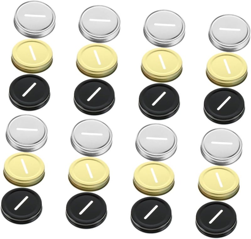 Homoyoyo 24pcs Wide Mouth Mason Jar Tinplate Lids with Keyhole Slot Reusable Sealing Covers for DIY Money Saving Jars Multi-color Gold Silver Black for Crafting and Storage - Image 1
