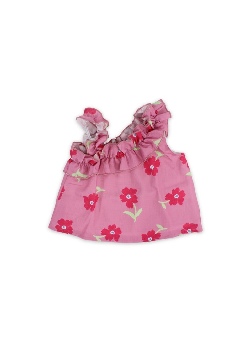 Pompelo Girls Cotton Blouse – Pink with Flowers Print - Image 1