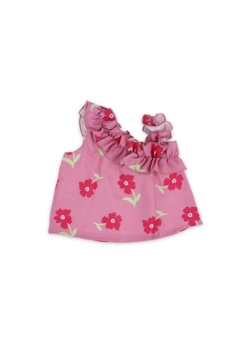 Pompelo Girls Cotton Blouse – Pink with Flowers Print - Image 2