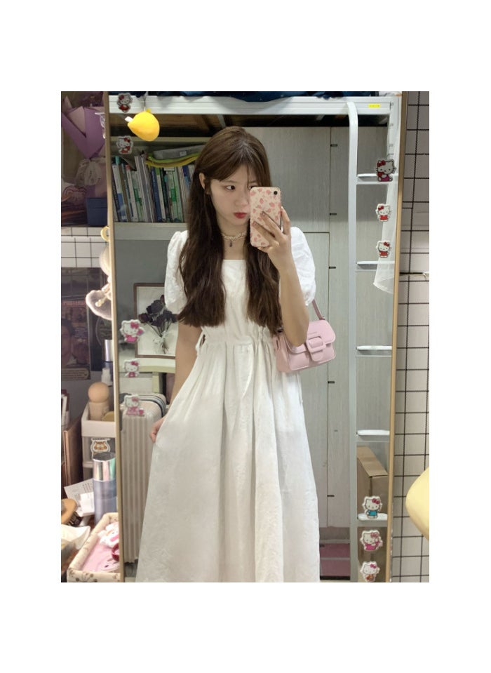 Generic - Sweet School Style First Love White Dress Slimming Square Collar Midi A- Line Skirt Women Student Korean Version Dress White - Image 1