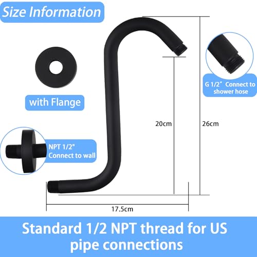 Enoughmen Shower Head Extension Arm,10 Inch High Rise Shower Arm with Flange,S" Shaped Shower Head Extension, Standard 1/2" Connection Matte Black Finish - Image 2