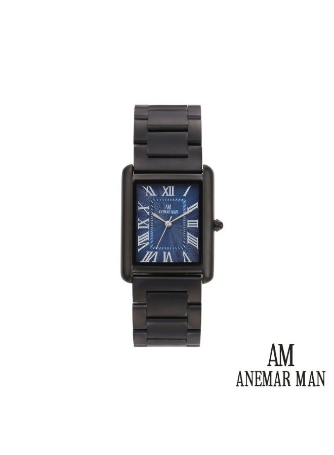 ANEMAR MAN Men's stainless steel wristwatch, Cartier style, water-resistant and high quality, black strap with a blue dial