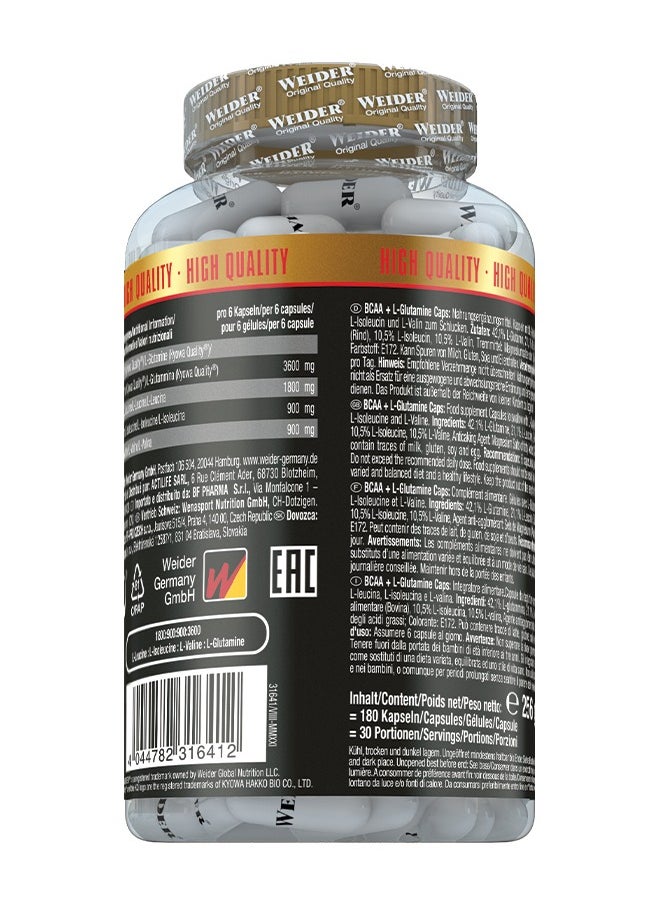 Weider - BCAA + Glutamine, Recovery, Strength, Endurance, 180 Capsules - Image 1