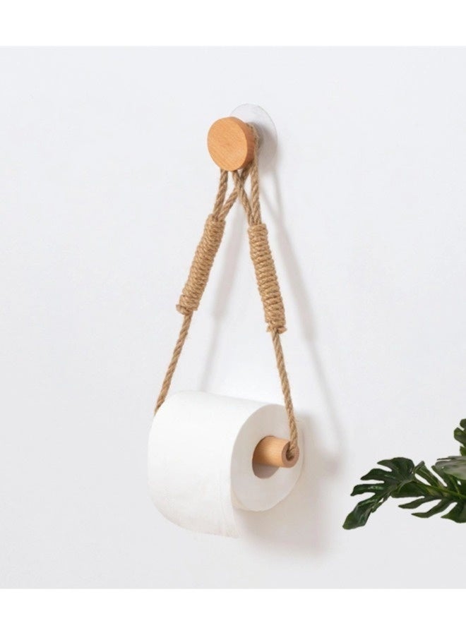 Wood & Rope Wall Toilet Paper Holder, Rustic Tissue Rolls Paper Holder Wall Mounted, Nautical Rattan Bathroom Accessories with Self-Adhesive Seamless Screw - Image 2