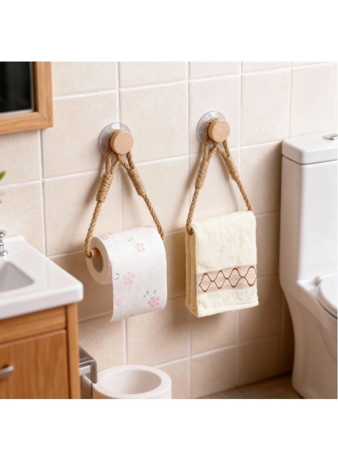 Wood & Rope Wall Toilet Paper Holder, Rustic Tissue Rolls Paper Holder Wall Mounted, Nautical Rattan Bathroom Accessories with Self-Adhesive Seamless Screw - Image 4
